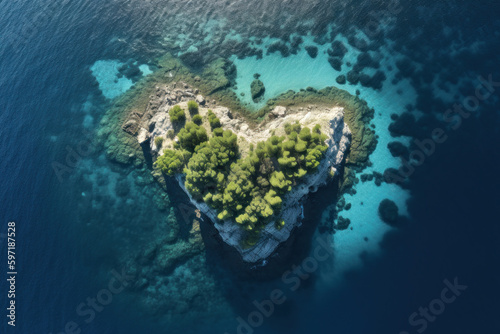 Areal top view of a small idyllic heart shaped island in the blue clear waters of the Mediterranean Sea, created with Generative AI technology © Artem