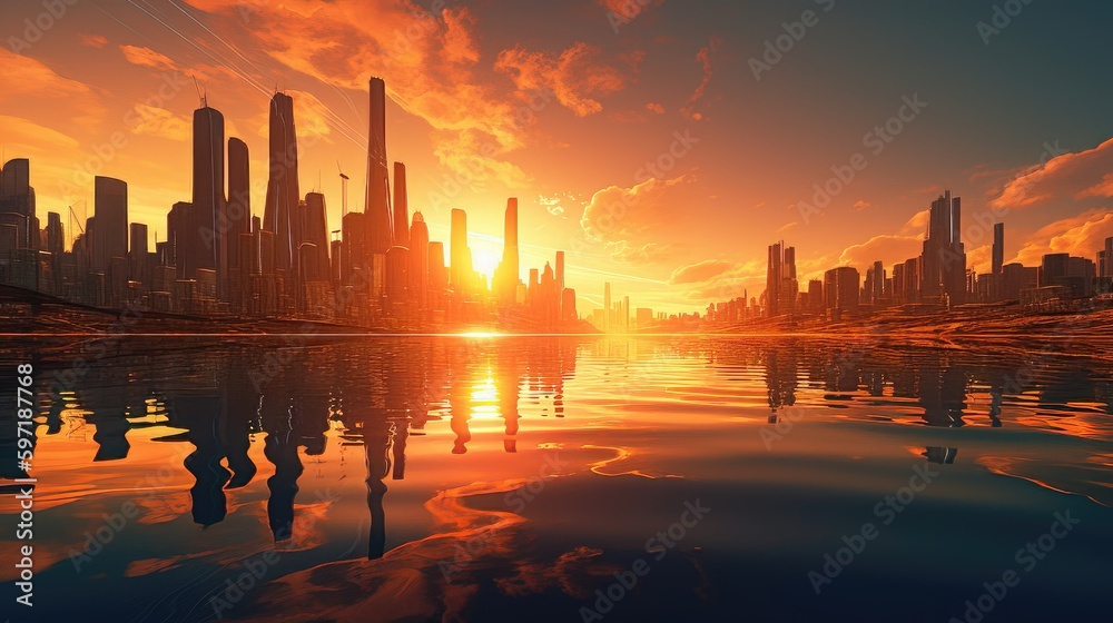 Sunset Over Futuristic Metropolis: A Vibrant and Bustling Cityscape 2. Generative AI