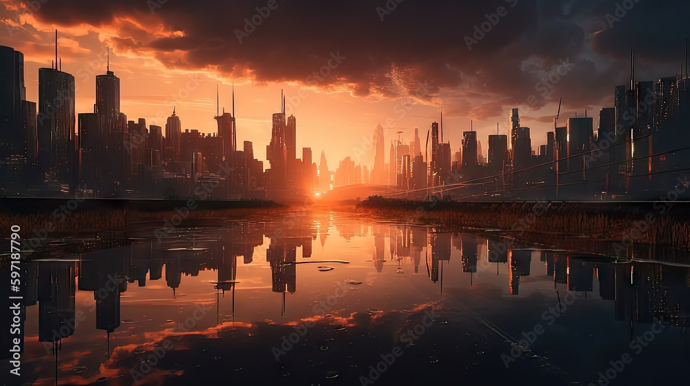 Sunset Over Futuristic Metropolis: A Vibrant and Bustling Cityscape 1. Generative AI