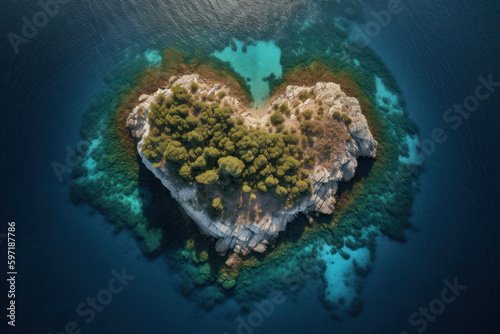 Areal top view of a small idyllic heart shaped island in the blue clear waters of the Mediterranean Sea, created with Generative AI technology © Artem