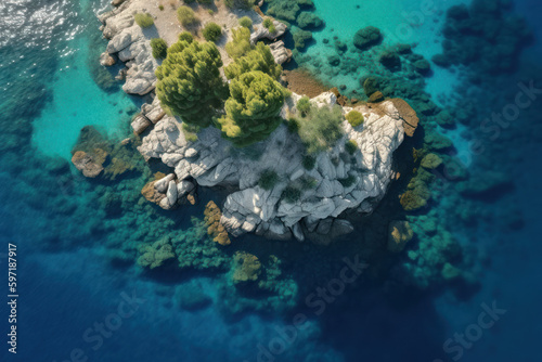 Areal top view of a small idyllic island in the blue clear waters of the Mediterranean Sea, created with Generative AI technology © Artem
