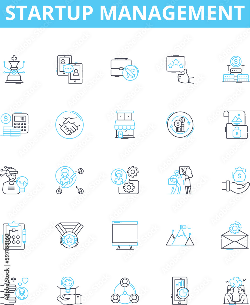 Startup management vector line icons set. incubation, capitalization, monetization, benchmarking, operationalization, staffing, ideation illustration outline concept symbols and signs