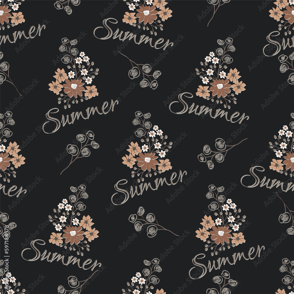 Subdued Background Pattern Seamless pattern with summer flowers in subdued color palette on black ...