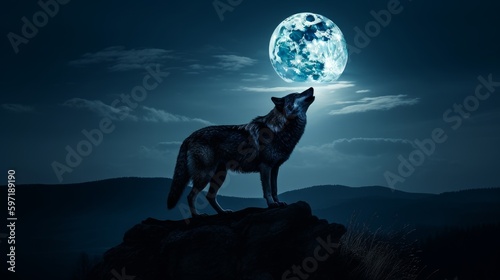 Wolf howling in the moon. AI generated