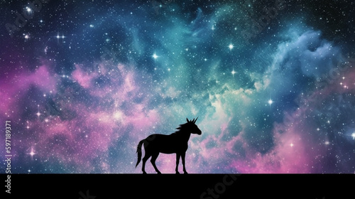 A unicorn silhouette in a galaxy nebula cloud. generative ai © Witri