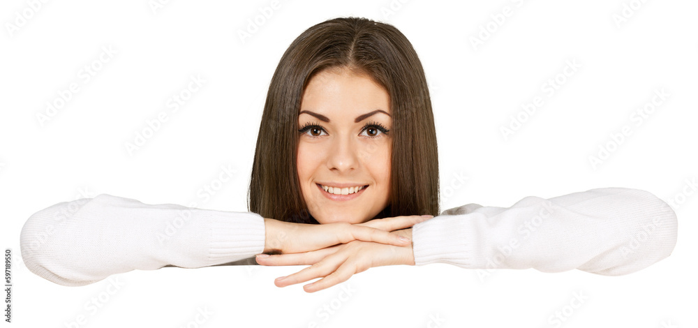 Woman with Head Resting on Hand Standing Behin Invisible Wall - Isolated Woman with Head Resting on Hand Standing Behin Invisible Wall - Isolated