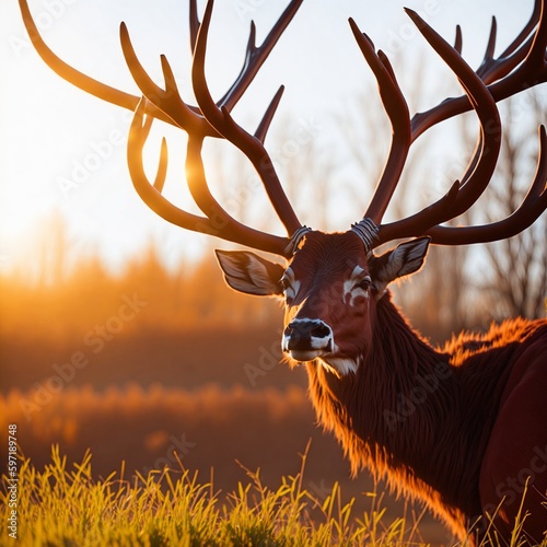 Fototapet Morning sun on a red deer