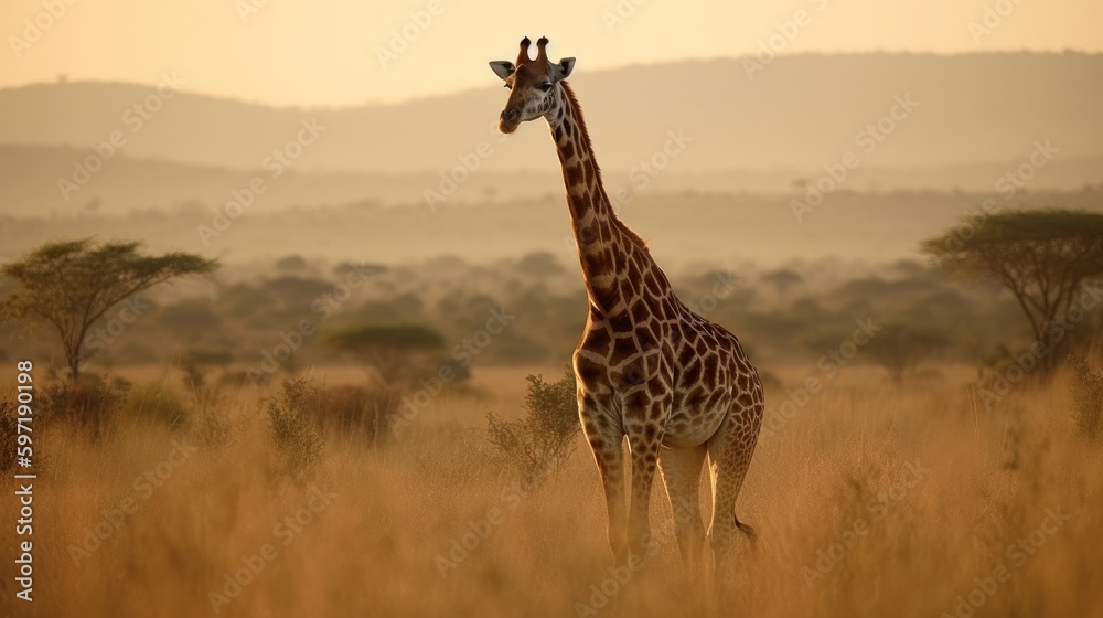 Obraz premium Majestic giraffe towering over savana. AI generated
