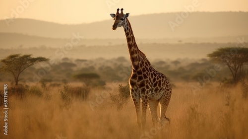 Majestic giraffe towering over savana. AI generated © ArtStage