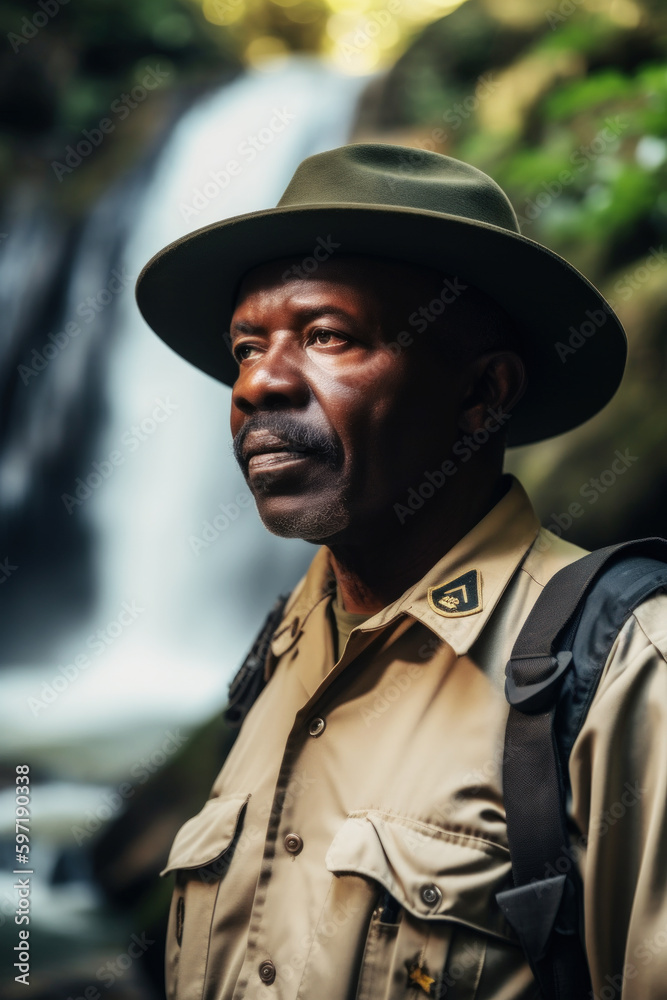 A 42-year-old Afro-American forest ranger stands in a national park on a summer day, in front of a waterfall. He works to protect the natural beauty. Generative AI