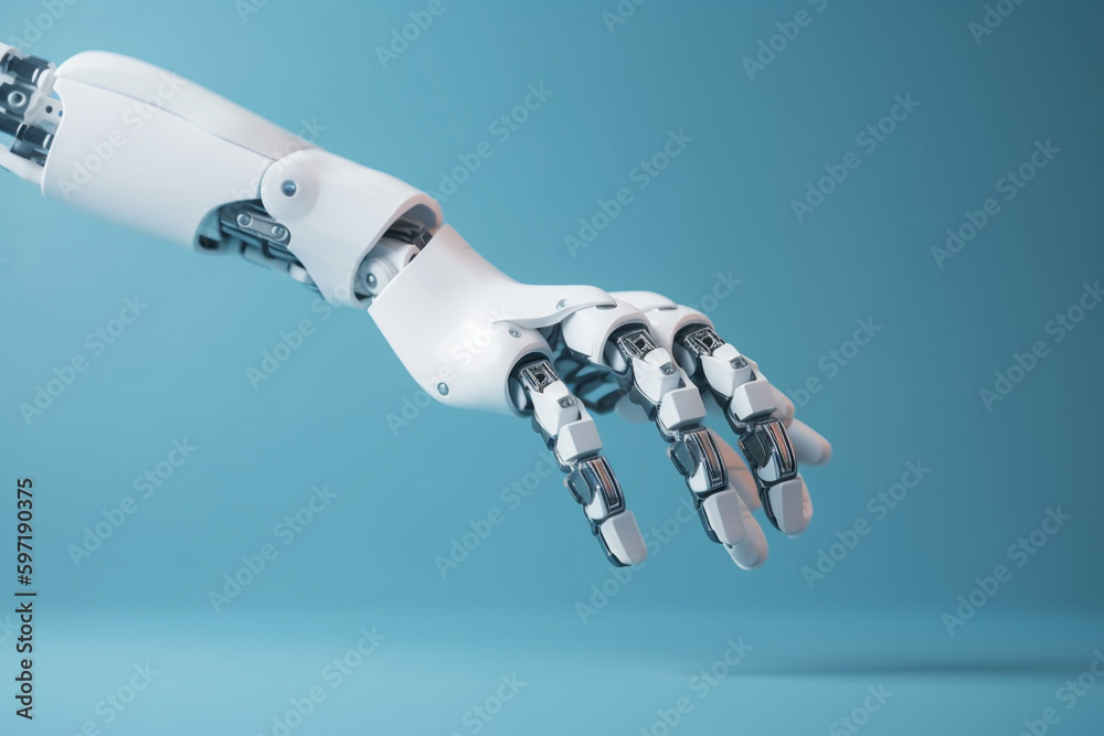 White ai robot hand reaches out to a hand over a light solid blue background. Generative ai White ai robot hand reaches out to a hand over a light solid blue background. Generative ai