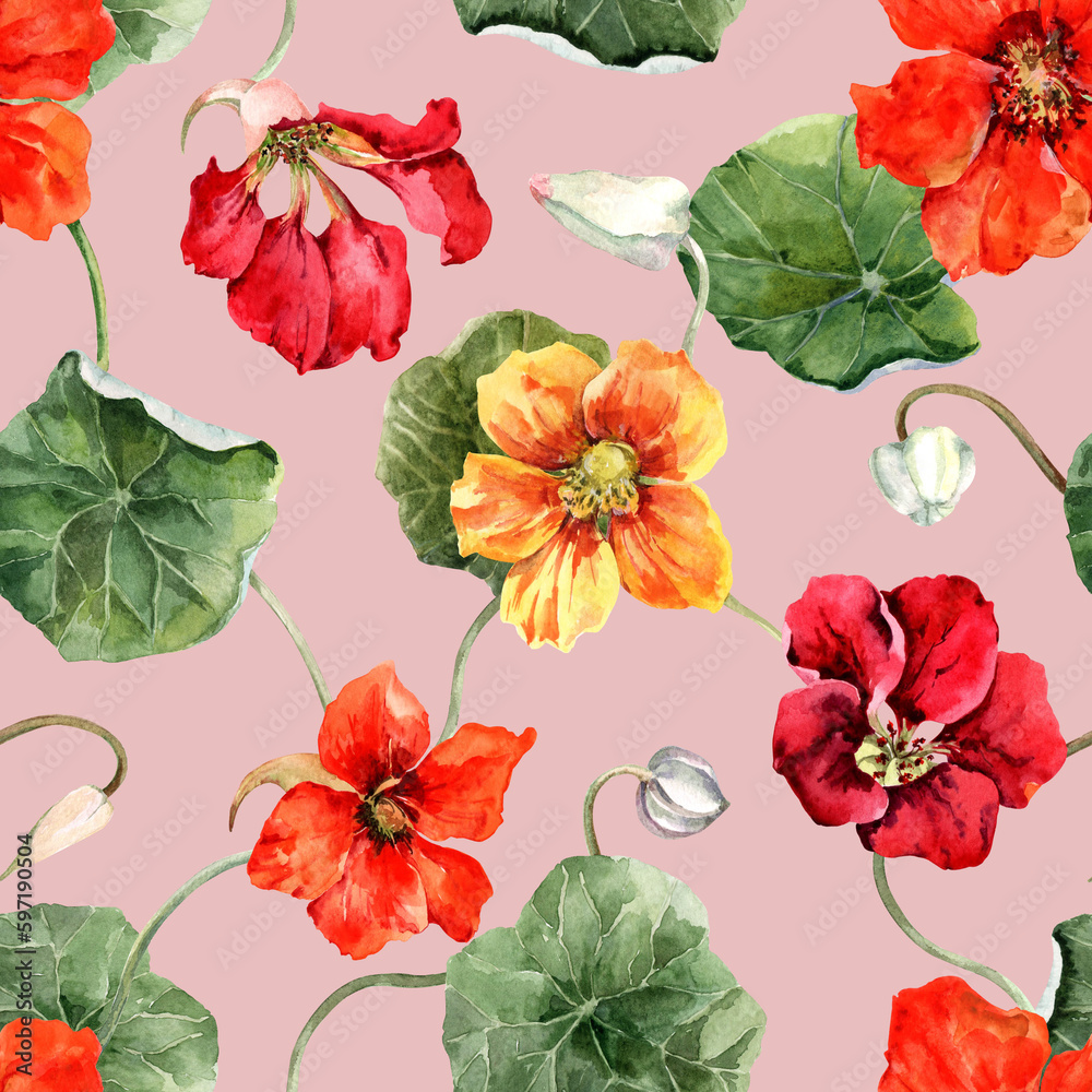 Floral seamless pattern with blooming nasturtium flowers, buds, green leaves. Bright pattern on a powdery pink background. Hand drawn watercolor illustration for fabric, textile, wallpaper, packaging. Floral seamless pattern with blooming nasturtium flowers, buds, green leaves. Bright pattern on a powdery pink background. Hand drawn watercolor illustration for fabric, textile, wallpaper, packaging.