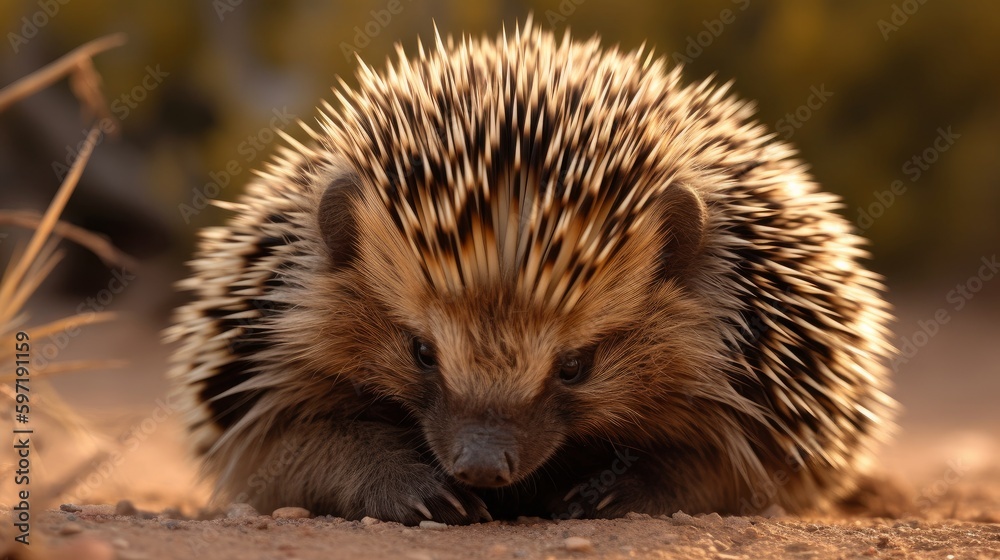 Fototapeta premium Prickly and defensive porcupine curling up. AI generated