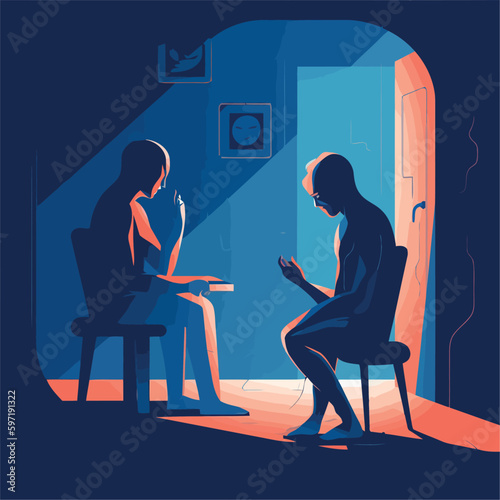 Patient and psychologist, sitting in armchairs