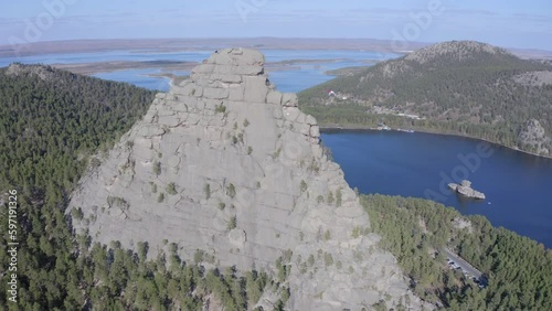 Aerial drone footage of the Okzhetpes Mountain in Natonal park Burabay Borovoe , Kazakhstan photo