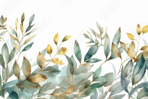 Watercolor painting of leaf and branch, seamless pattern on white background, generative Ai