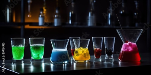 A chemistry-inspired cocktail bar serving molecular gastronomy drinks, uniting mixology and scientific experimentation, concept of Scientific mixology, created with Generative AI technology