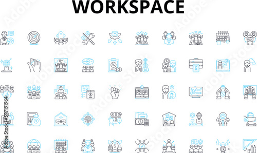 Workspace linear icons set. Desk, Office, Cubicle, Laptop, Files, Chair, Productivity vector symbols and line concept signs. Calendar,Statiry,Collaboration illustration