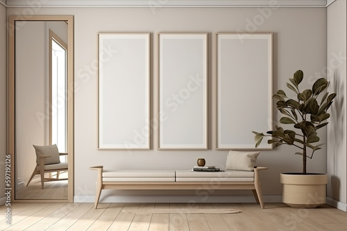 Modern interior with background wall and empty mockup frames. Generative AI