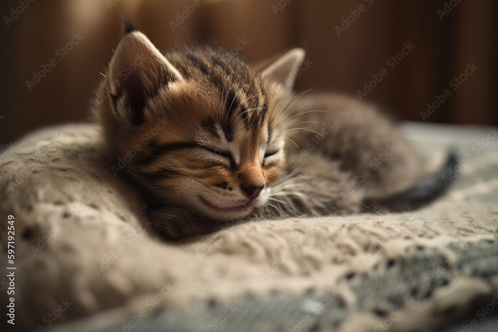 Image of cute brown tabby cat sleeping. Pet. illustration. Generative AI.