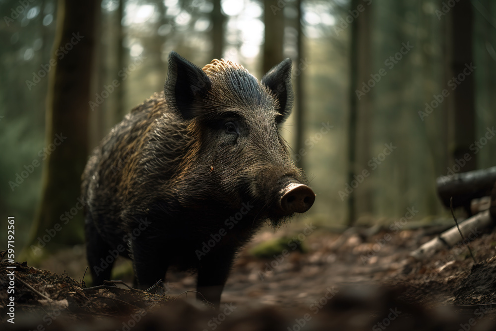 Image of a wild boar in the forest on natural background. Wild Animals. illustration. Generative AI. Image of a wild boar in the forest on natural background. Wild Animals. illustration. Generative AI.