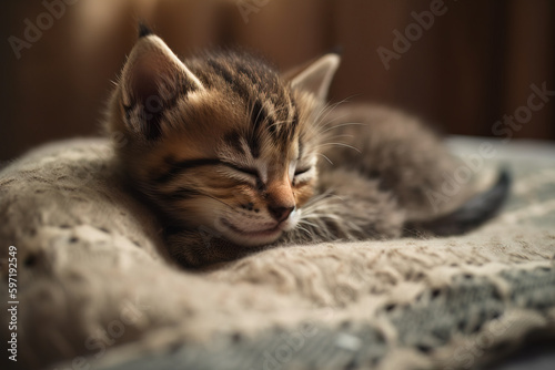 Image of cute brown tabby cat sleeping. Pet. illustration. Generative AI.