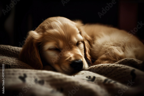Image of cute brown puppy dog sleeping. Pet. Animal. illustration. Generative AI.