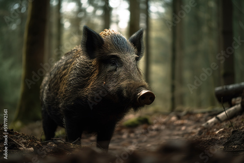 Image of a wild boar in the forest on natural background. Wild Animals. illustration. Generative AI. © yod67