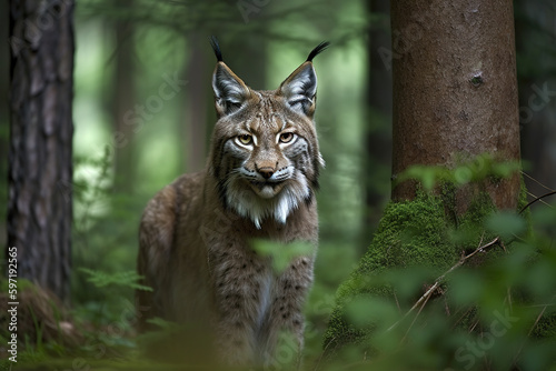Image of a lynx or bobcat in the forest on natural background. Wild Animals. illustration. Generative AI. © yod67