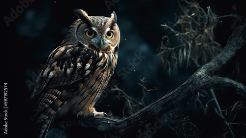 Wise and mysterious owl perched on branch at night. AI generated © ArtStage
