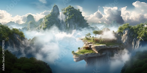 land above the clouds, china rock mountain in sky view by ai generative