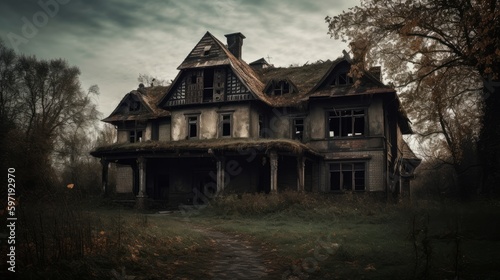 Creepy mysterious atmosphere of haunted house. AI generated