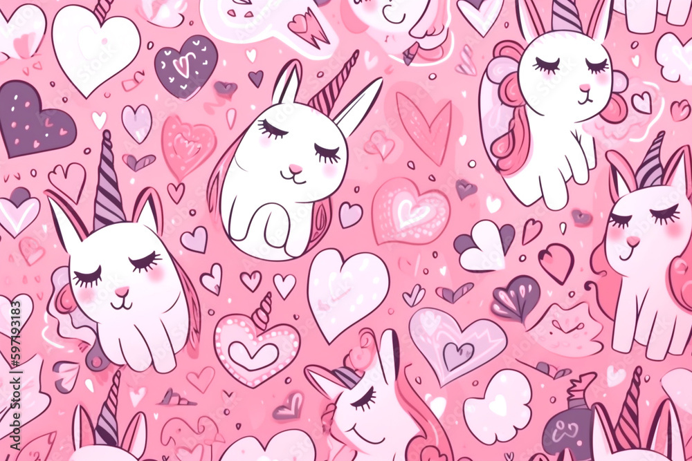 Seamless pattern with cartoon white unicorn and pink heart . Fantasy animal in anime style. Childrens design for fabric or home textiles. Generated AI
