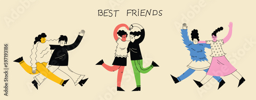 Best friends cocept illustration. Vector illustration of multicultural girls and multicultural friendship. Happy friendship day. Teenage girl friends hugging and having fun.