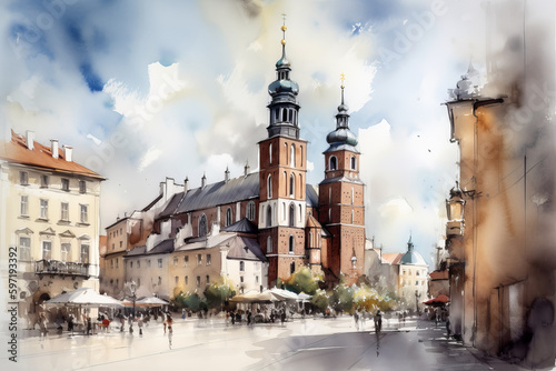 Cracovia on a sunny day watercolour. Plonia. Europa. visit concept. travel concept. vacations concept. illustration created with ai