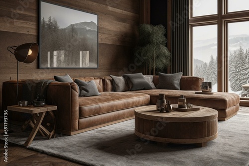 Slika na platnu Brown chalet sofa with chaise lounge (3D). Generative AI