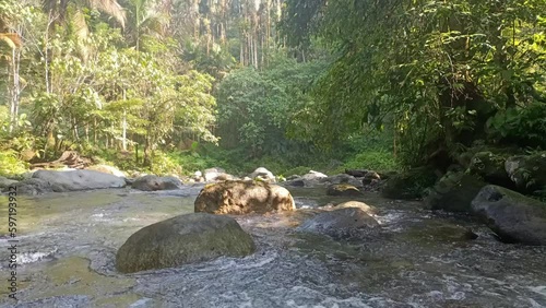 Clear stream running through stone boulders. Abundant river flowing on stone bottom. Wild mountain river water splashing in summer day.