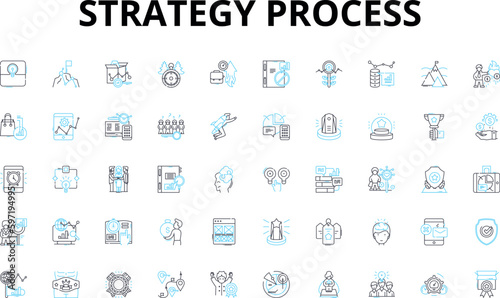 Strategy process linear icons set. Planning, Analysis, Execution, Alignment, Assessment, Tactics, Vision vector symbols and line concept signs. Objectives,Innovation,Integration illustration
