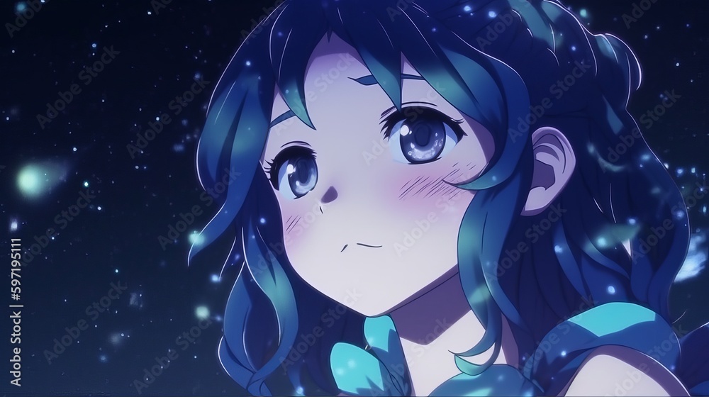 Very cute stargazing girl, Photorealistic anime, amazing blue color scheme, Swirly shapes, highly detailed, UHD, girl in the night, girl in the moonlight, wallpaper, Generative AI Very cute stargazing girl, Photorealistic anime, amazing blue color scheme, Swirly shapes, highly detailed, UHD, girl in the night, girl in the moonlight, wallpaper, Generative AI