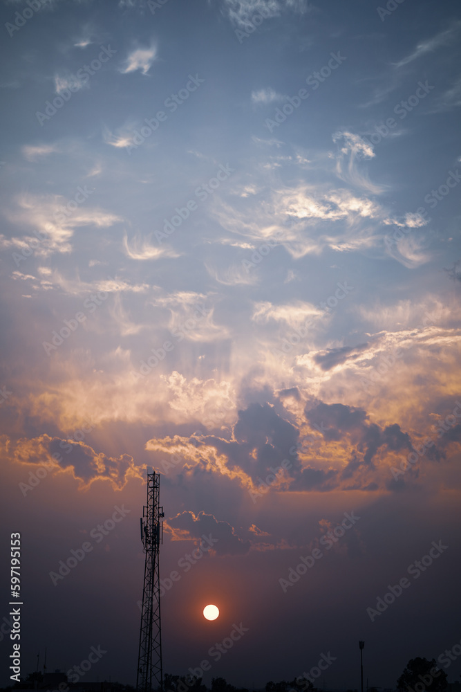 sky background with some soft clouds, Sweet Sky Sunset Sky, Golden hour, Texture of Sparse Clouds.
