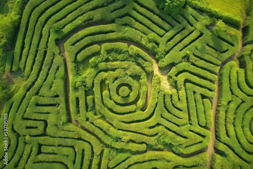 Aerial top view of an ancient maze, created with Generative AI technology