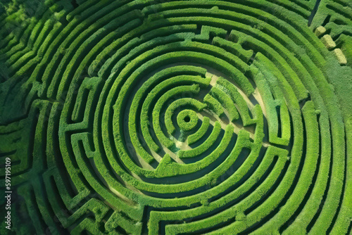 Aerial top view of an ancient maze, created with Generative AI technology