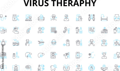 Virus theraphy linear icons set. Immunotherapy, Gene therapy, Antivirals, Vaccines, Antibodies, Retrovirus, Oncolytic vector symbols and line concept signs. Genomics,Microbiology,Pathogenicity photo
