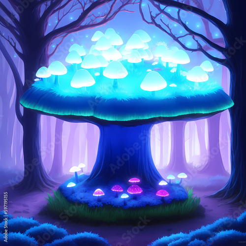 blue mushrooms in fantasy land with a dark forest background, Generative AI