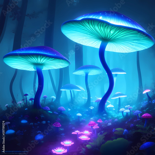 blue mushrooms in fantasy land with a dark forest background, Generative AI