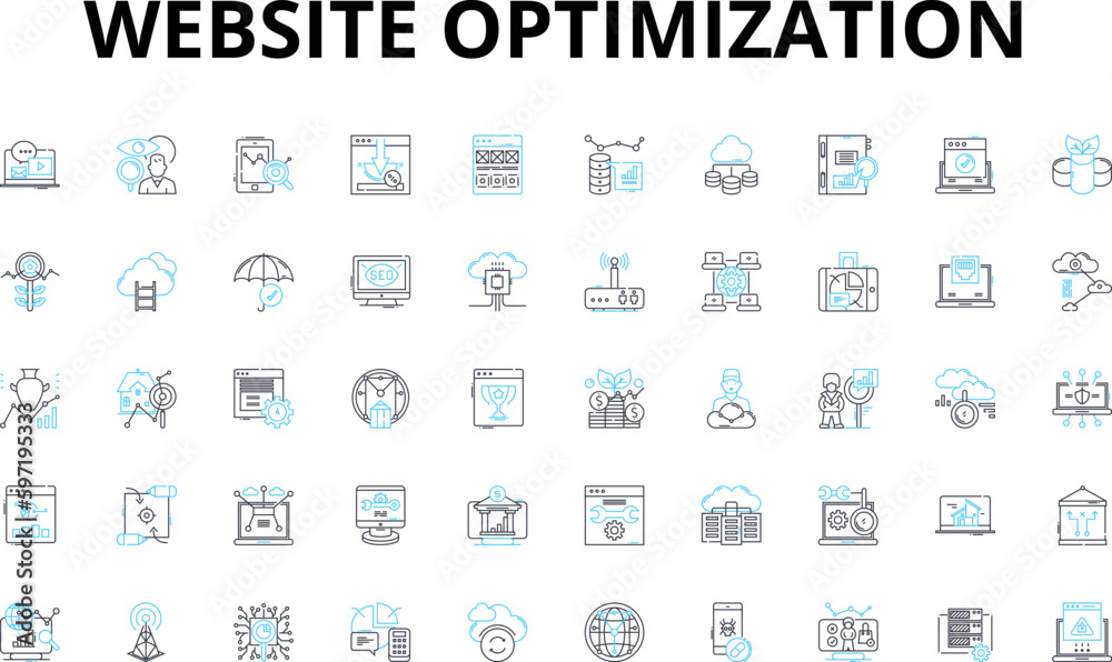 Website optimization linear icons set. Analytics, Conversion, Keywords, Content, Rankings, Meta, Caching vector symbols and line concept signs. Traffic,Linking,Mobile illustration