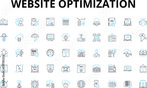 Website optimization linear icons set. Analytics, Conversion, Keywords, Content, Rankings, Meta, Caching vector symbols and line concept signs. Traffic,Linking,Mobile illustration