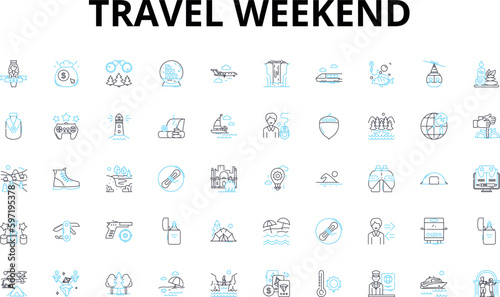 Travel weekend linear icons set. Escapade, Journey, Getaway, Excursion, Expedition, Trek, Adventure vector symbols and line concept signs. Roam,Tour,Explore illustration
