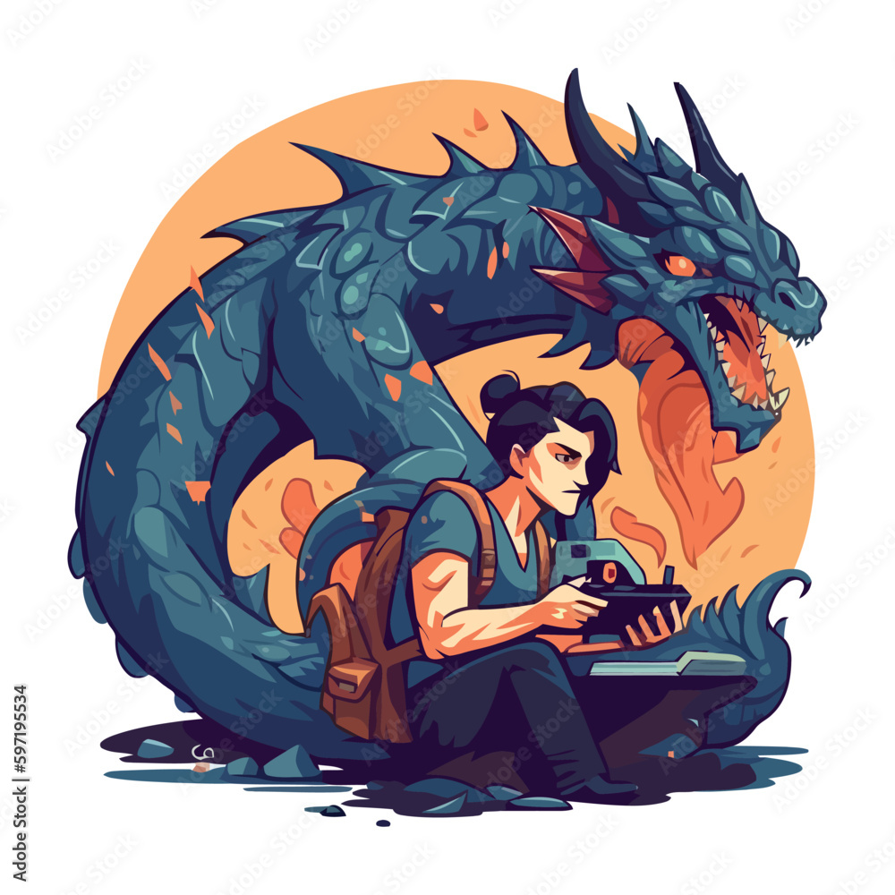 young man with device and dragon