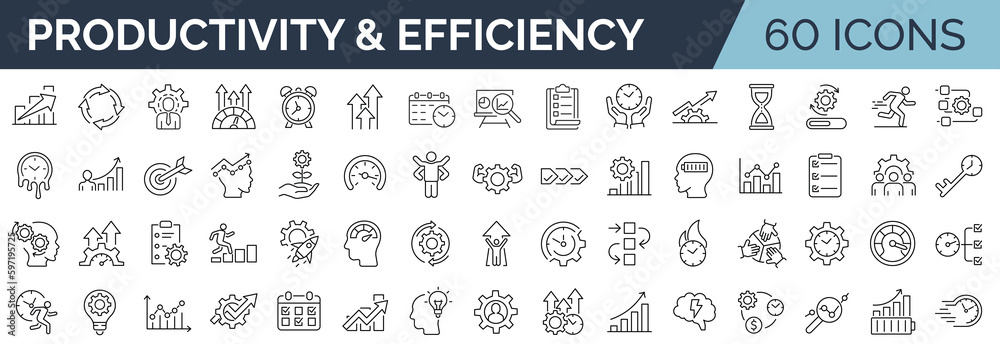 Set of 60 line icons related to productivity and efficiency. Outline icon collection. Linear business and leader symbols. Editable stroke. Vector illustration.  - obrazy, fototapety, plakaty 